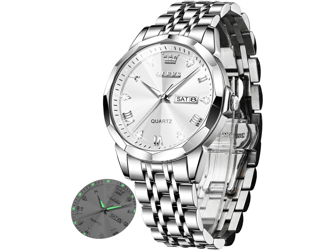 Lurelia Relógio Feminino, Movimento De Quartzo, Data/calendário, Luminoso, Duplo Fuso/mostrador, Detalhes Com Strass, Aço Inoxidável, Prata