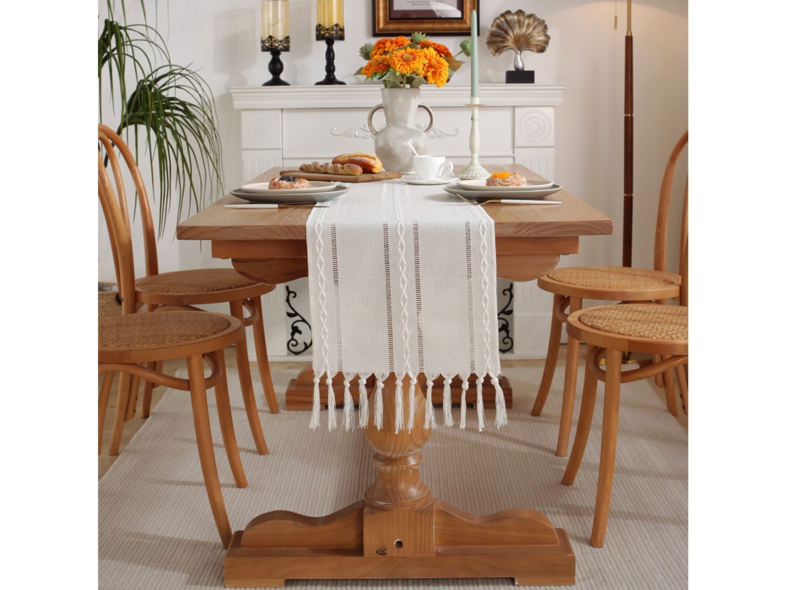 Tapete De Mesa Em Tecido De Malha, Estampado E Bordado, Cinza Claro, 33*275cm (com Comprimento Do Franja)