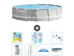 Piscina INTEX Round Prism Frame 427 X 107 Cm Cinza Inclui Bomba Escada Lençol Cobertura Pacote de Manutenção Filtros Aspirador de Pó