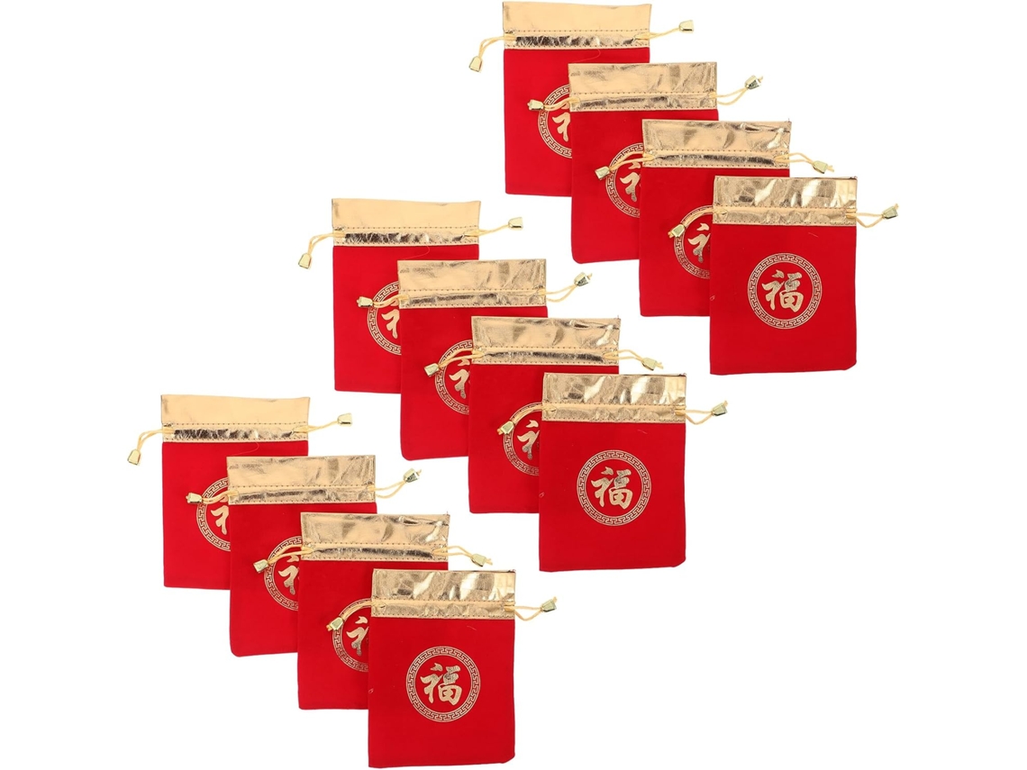 Conjunto 12 Sacolas Presente Chinesas Veludo Vermelho Fecho Cordão Tamanho 12x16 Ideais Doces Joias GOKOCO