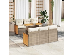 Vidaxl 7 Pcs Conjunto Sofás Jardim Com Almofadões Vime Pe/acácia Bege