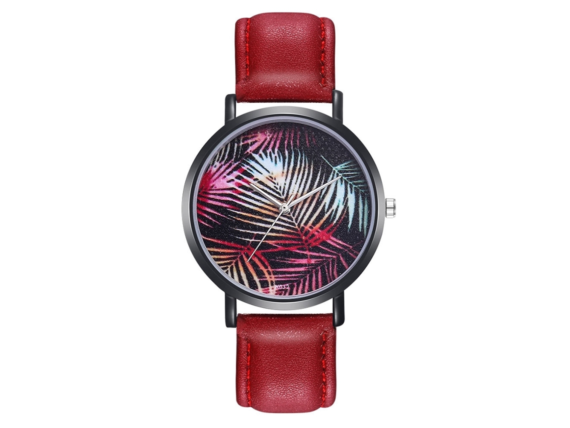 Relógio de Pulso Feminino com Padrão de Folhas Pulseira de Couro Pu Quartzo Vermelho