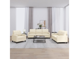 Vidaxl 3 Pcs Conjunto Sofás C/ Almofadões Couro Artificial Cor Creme