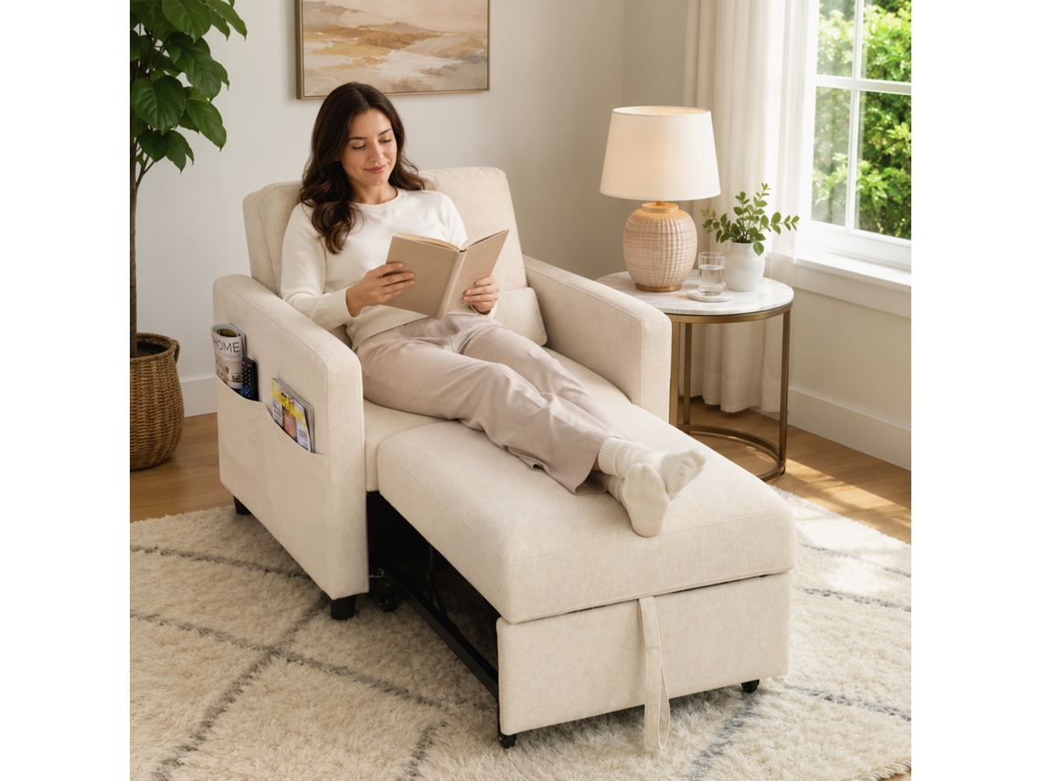 Sofá-cama 3 Em 1 Em Tecido Com Efeito Linho E Encosto Ajustável, Branco Creme