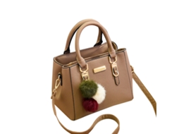 Bolsa Pu Feminina Textura Lichia Pingente Pom Pom Grande Capacidade Bolsa de Ombro Khaki