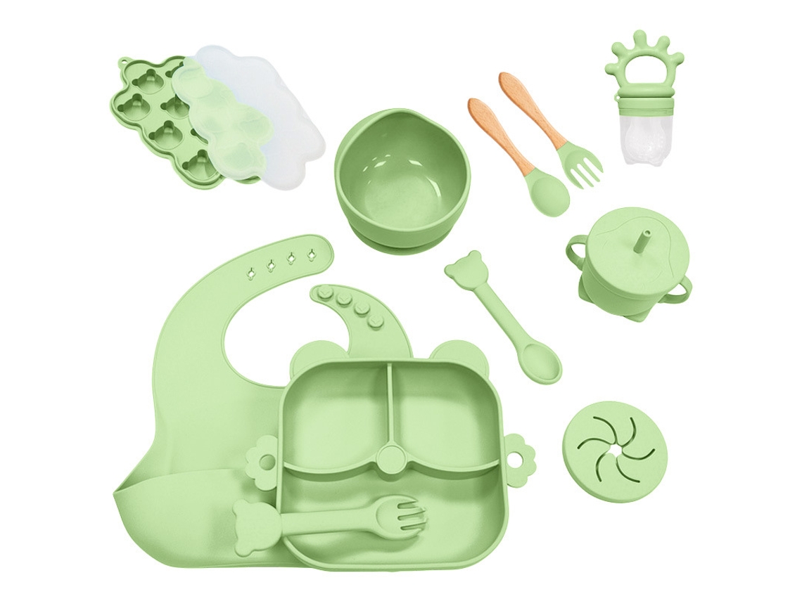 Conjunto Desmame Bebé EIFSON 6+ Meses Silicone Prato Tigela Copo Talheres 11 Peças (verde)