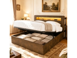 Cama de Plataforma 180x200 com Arrumação, Sistema Hidráulico, Cabeceira com Led e Tomadas Integradas Madeira Vintage NOVELA