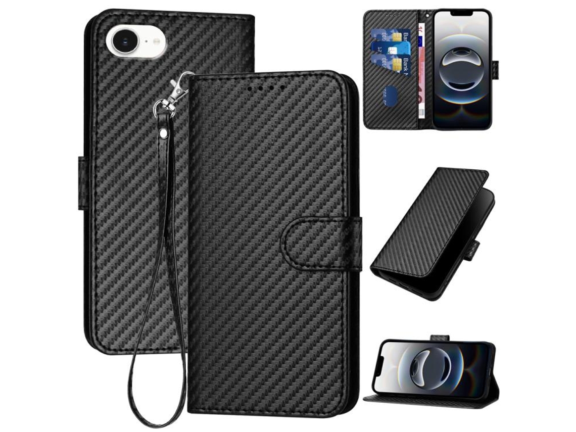 Capa De Couro Para Iphone 16e - Fivela Em Fibra De Carbono - Com Cordão