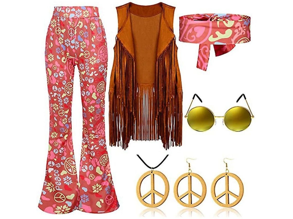 2026 traje Hippie Retro de Los Años 70 Con Chaleco de Flecos, Pantalones Y Bufanda para Fiestas, Disfraces Y Carnaval