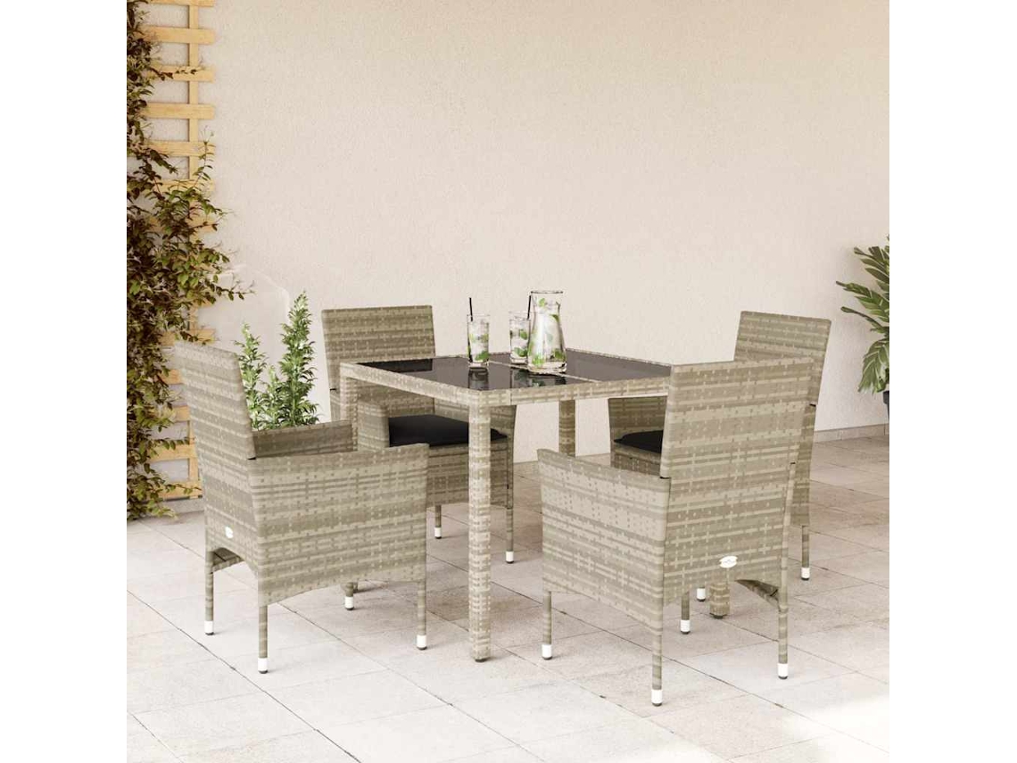 Vidaxl 5 Pcs Conjunto Jantar Jardim C/ Almofadões Pe/vidro Cinza Claro