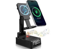 Despertador Bluetooth 4 em 1 GOKOCO com Carregador Sem Fio e Suporte para Celular Dobrável
