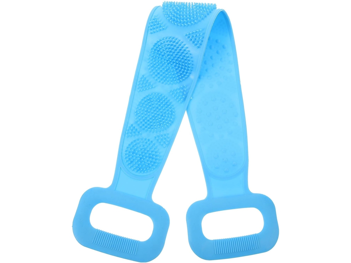 Cinto facial Dupla em silicone azul sólido com escovas esfoliantes e massageador.
