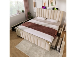 Cama De Casal 180x200 Bege Polsterizada Com Usb-c E 4 Gavetas 226kg