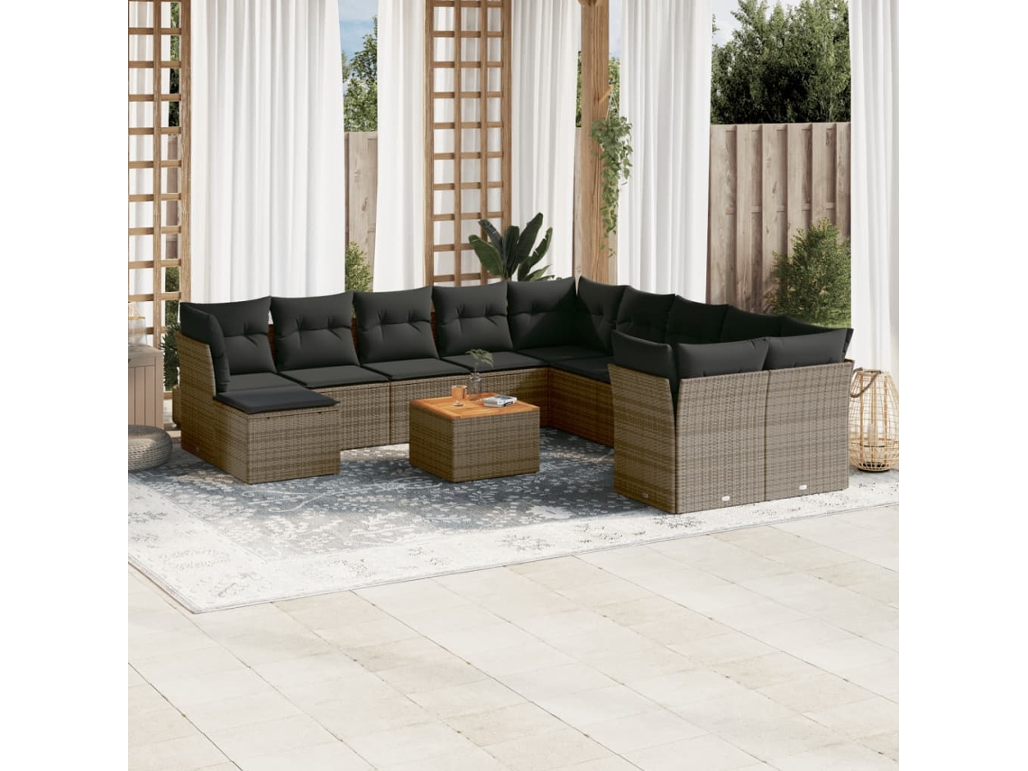 Vidaxl 12 Pcs Conjunto De Sofás Jardim C/ Almofadões Vime Pe Cinzento