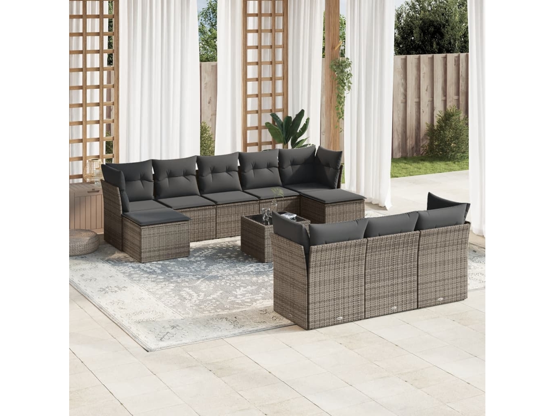 Vidaxl 11 Pcs Conjunto Sofás De Jardim C/ Almofadões Vime Pe Cinzento