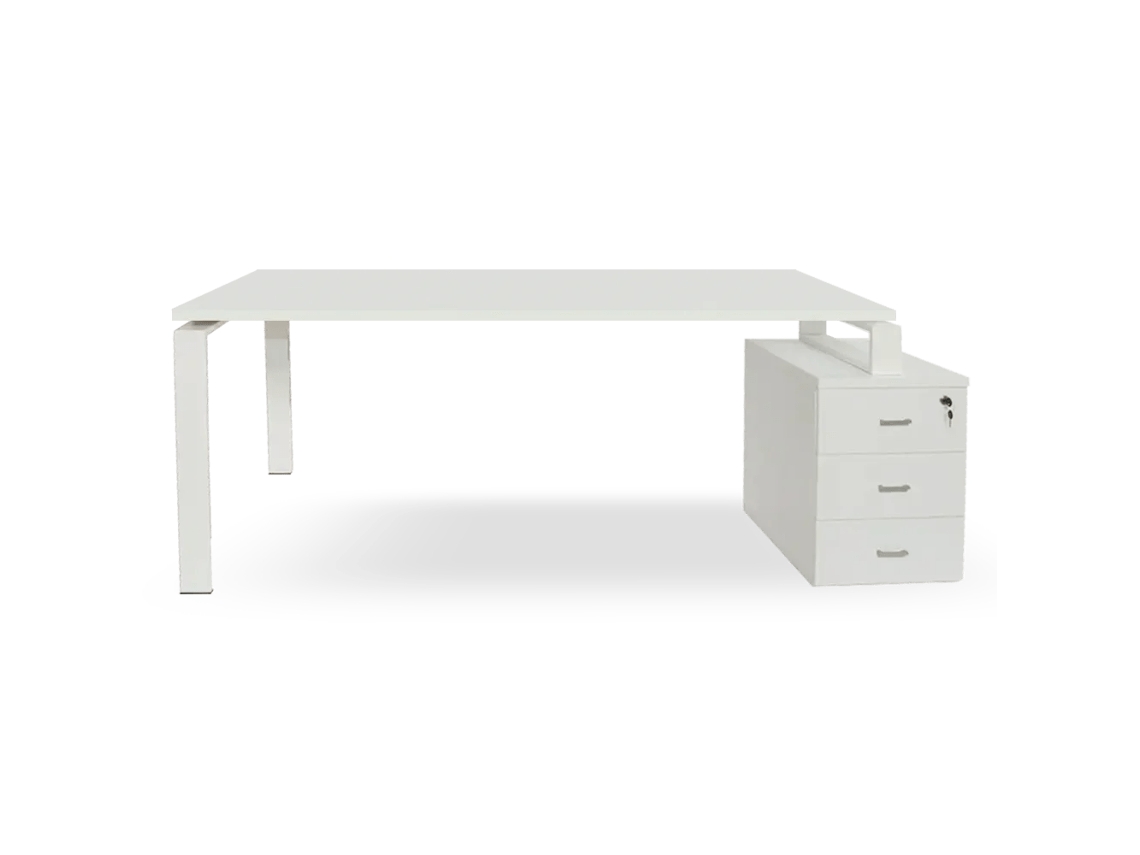 Escrivaninha Branca Com Gavetas. Estrutura De Metal Branca. 75 X 195,5 X 80 Cm. Tampo Branco. Ofilike