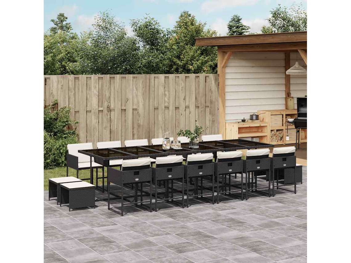 Vidaxl 17 Pcs Conjunto de Jantar P/ Jardim C/ Almofadões Vime Pe Preto