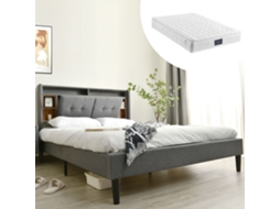 Cama 140x200 Cm com Arrumação, Cabeceira Usb, Led, Compartimento Integrado e Estrado de Madeira, Cinza, Colchão Incluído VSOGA