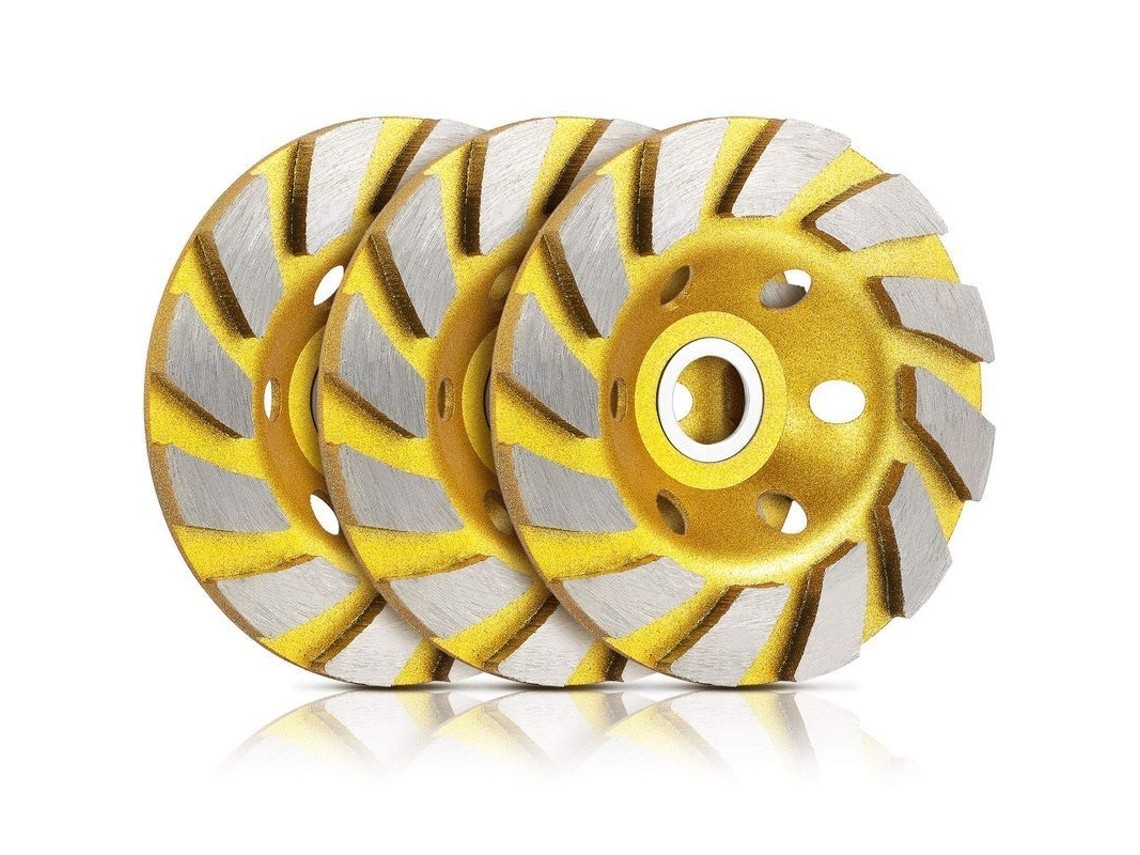 Conjunto De 3 Discos De Desbaste Diamantados Turbo Para Concreto, Mármore E Granito - 12,7 Cm (5 Polegadas), Amarelos, Com Lâmina Angular.
