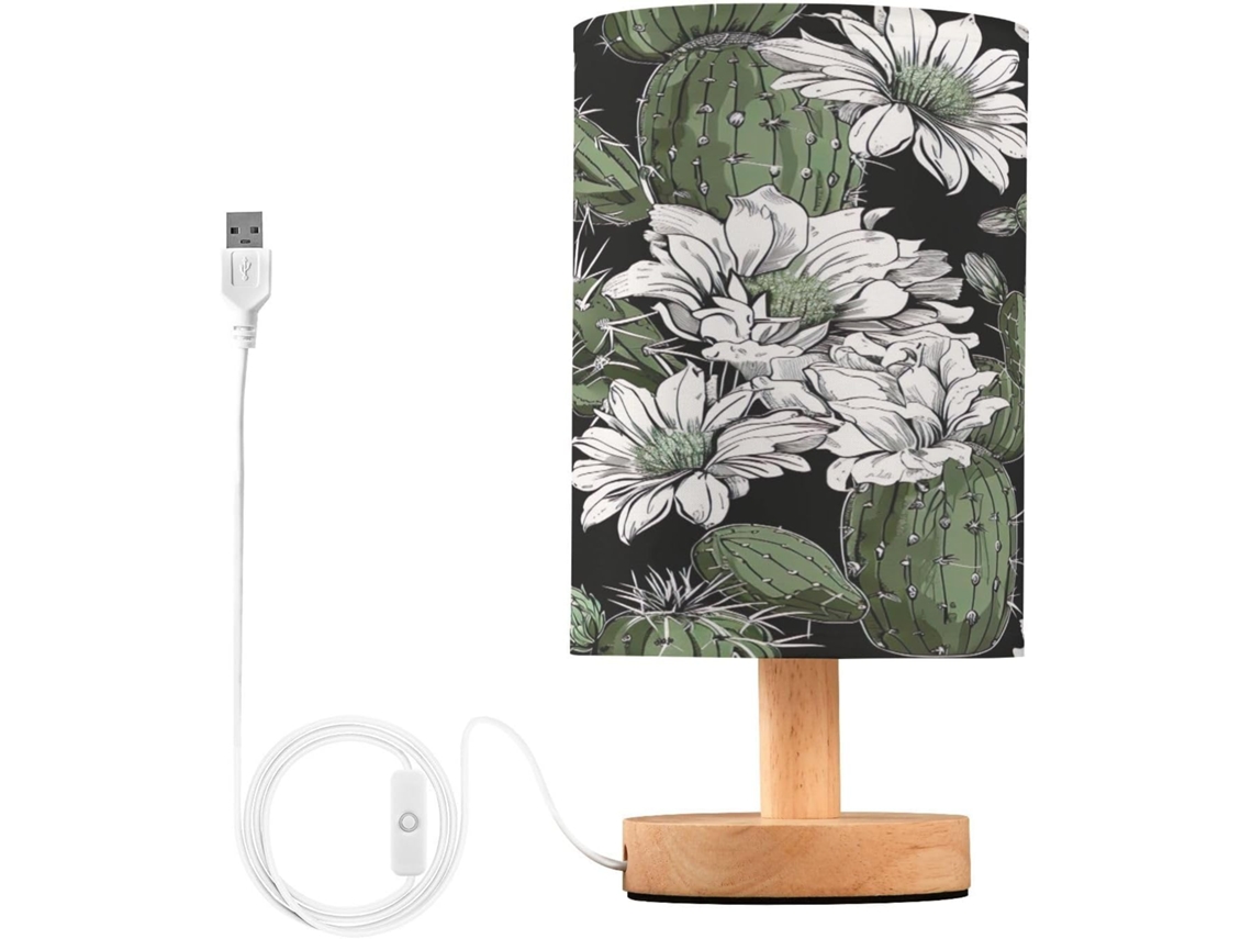 Abajur De Cabeceira Em Aquarela Com Estampa De Cacto, Portas De Carregaje USB C, Luminária De Mesa Cabeceira, Luminária