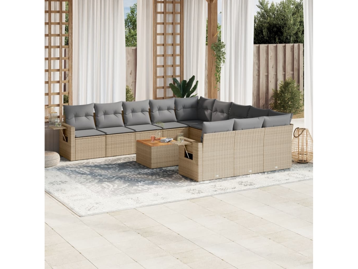 Vidaxl 12 Pcs Conjunto De Sofás P/ Jardim Com Almofadões Vime Pe Bege