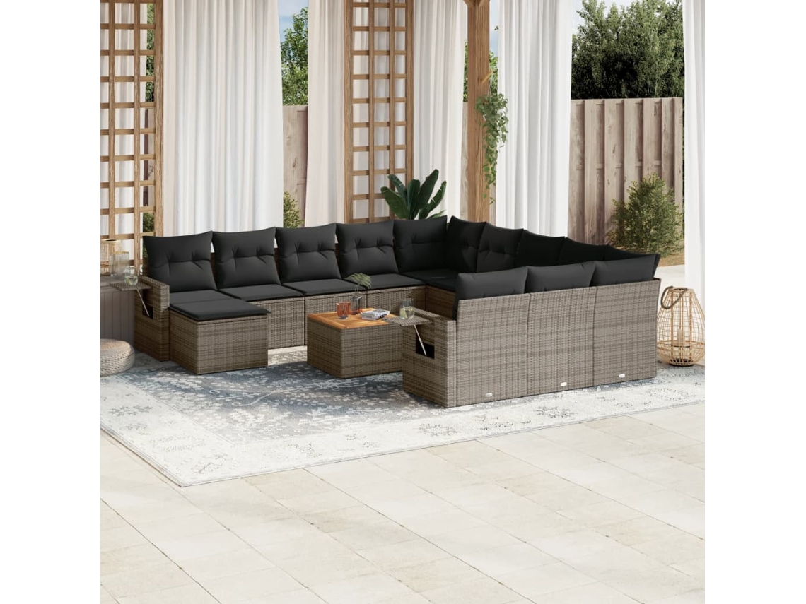 Vidaxl 13 Pcs Conjunto Sofás P/ Jardim C/ Almofadões Vime Pe Cinzento