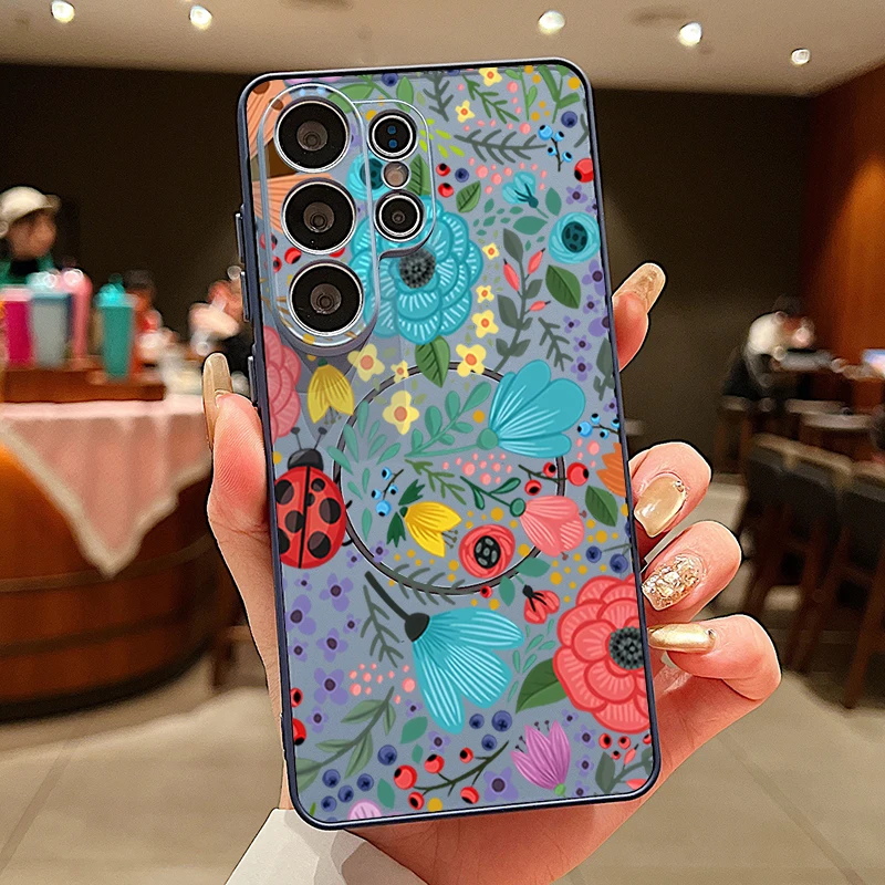 Capa Magnética Para Celular Galaxy S25 Edge Com Estampa De Joaninha E Flor (azul).