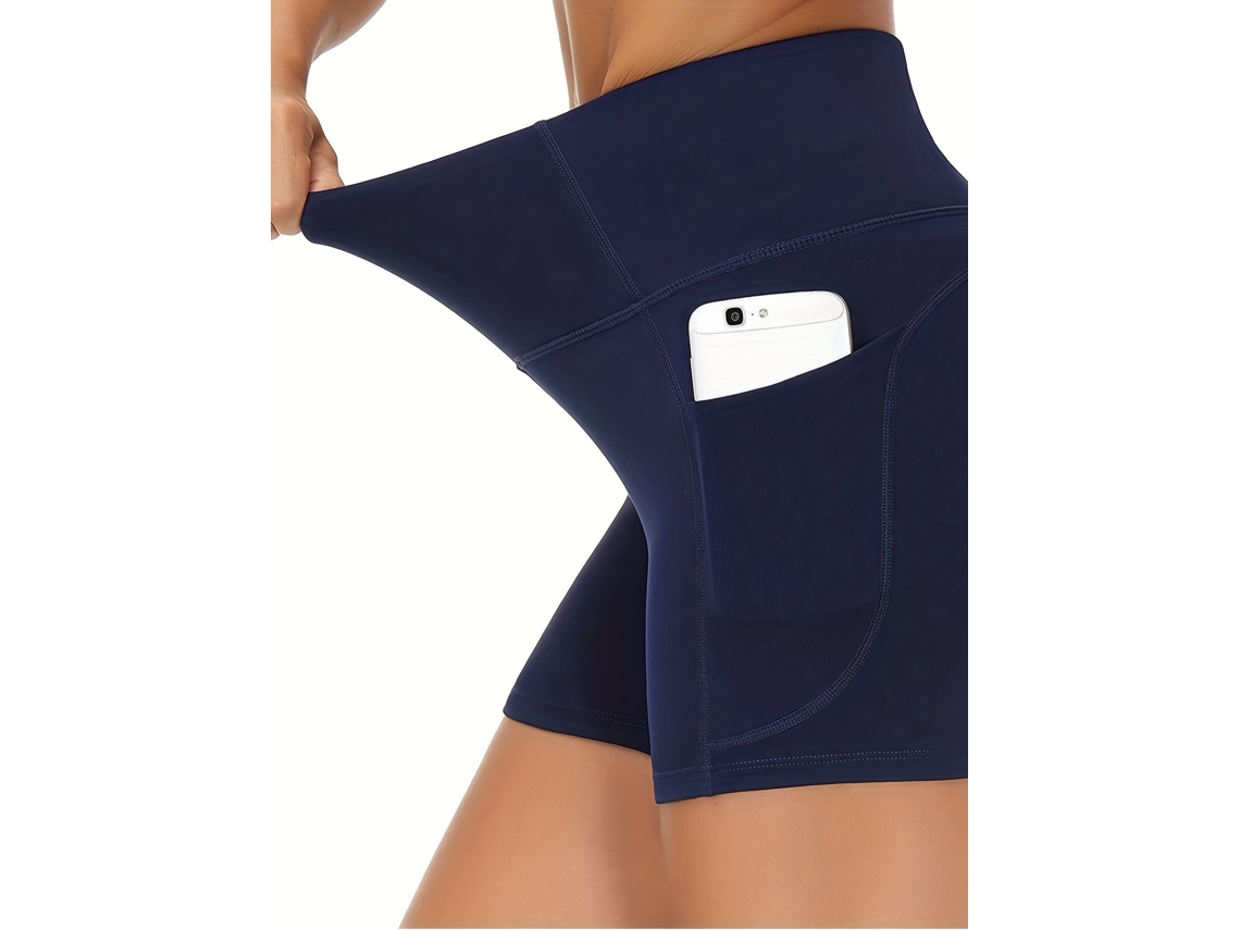 Calções De Yoga Femininos, 7,6 Cm (3 Polegadas), Com Bolsos - Tamanho L Azul Elysve