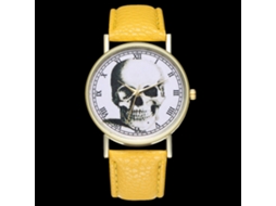 Relógio de pulso casual com caveira, numerais romanos e pulseira de couro PU amarela.