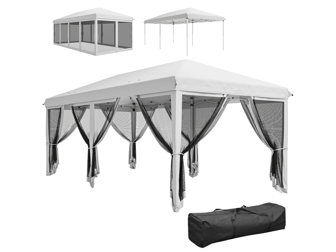 Tenda Dobrável Tenda de Jardim com 6 Mosquiteiros Bolsa de Transporte e Estrutura de Aço 585x295x270 Cm Cinza