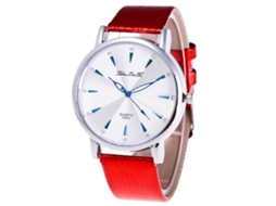 Relógio de quartzo com pulseira de couro PU, mostrador redondo, feminino, vermelho.