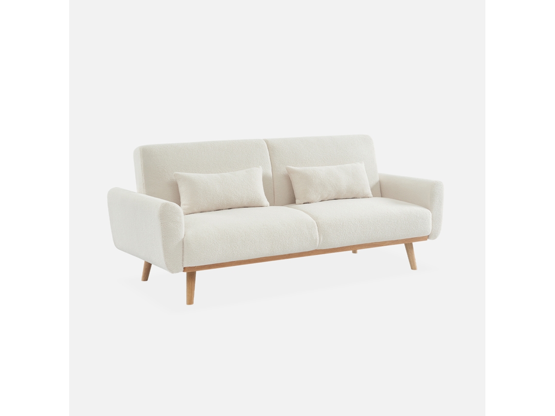 Sofá-cama Em Tecido Bouclé Com Pés Em Madeira, 3 Lugares, Creme
