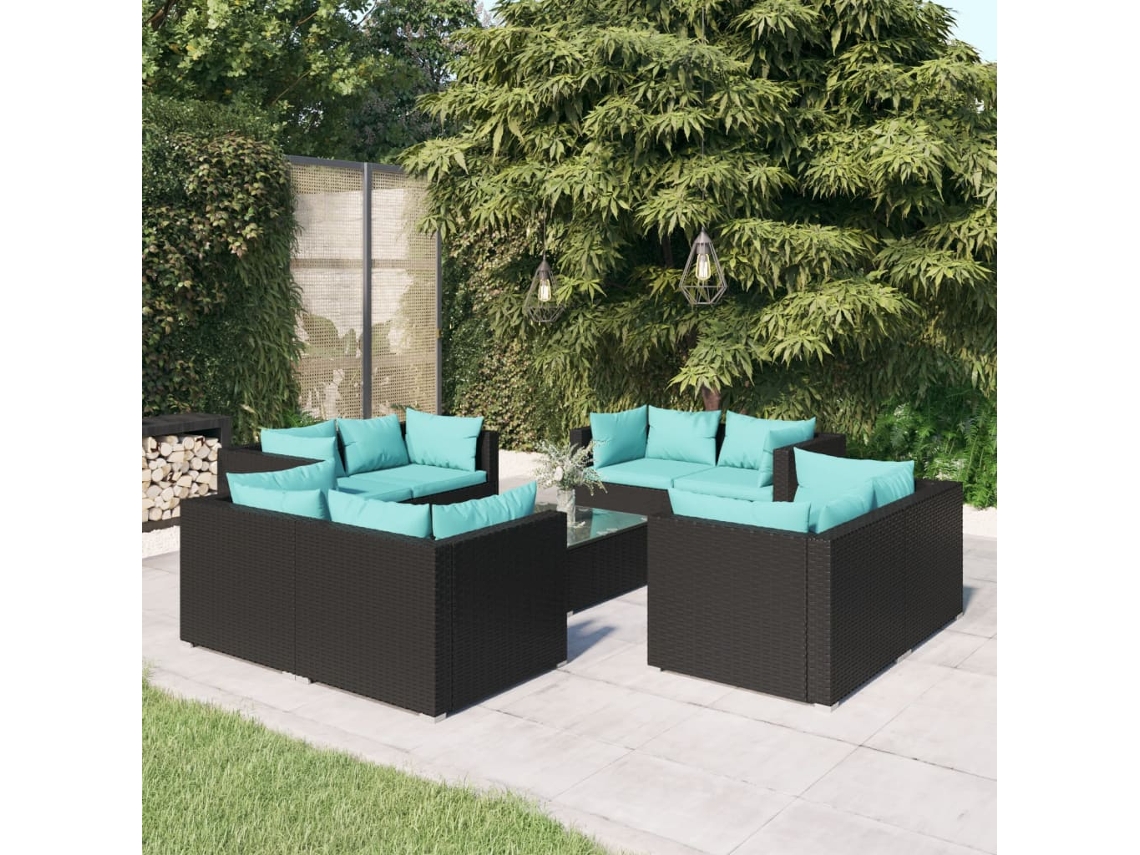 Conjunto Lounge Jardim 9 Peças C/ Almofadões Vime Pe Preto Dkd Home Decor
