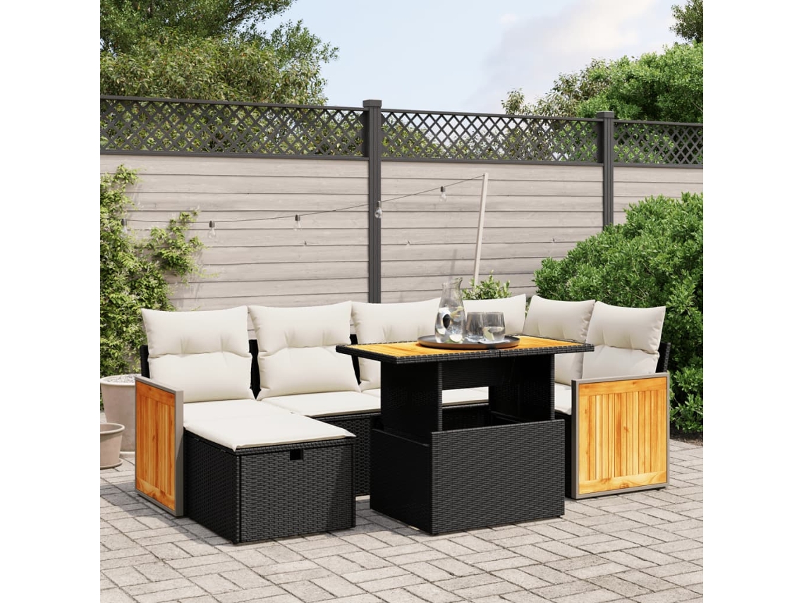 Vidaxl 7 Pcs Conjunto De Sofás P/ Jardim C/ Almofadões Vime Pe Preto