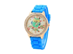 Relógio de Pulso Feminino com Dourado Strass e Pulseira de Silicone Azul Céu