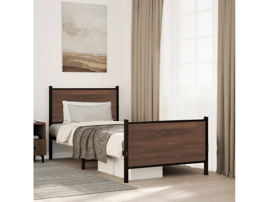 Vidaxl Estrutura De Cama Sem Colchão 75x190 Cm Metal Carvalho Castanho