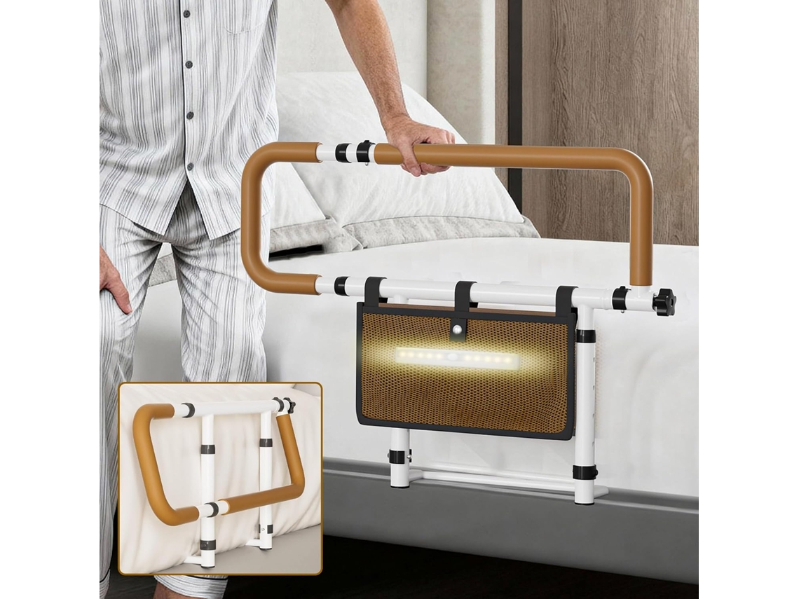 Grade de proteção dobrável para cama de adulto com iluminação LED, barra de suporte ajustável em altura e largura, alças antiderrapantes e bolso.