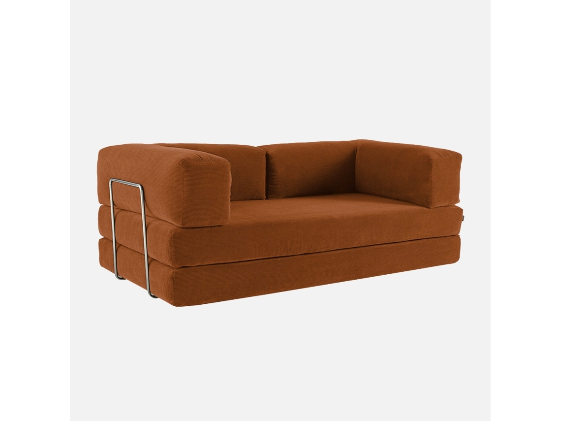 Sofá-cama Conversível Em Veludo Canelado Com Estrutura Cromada, 3 Lugares, Terracota