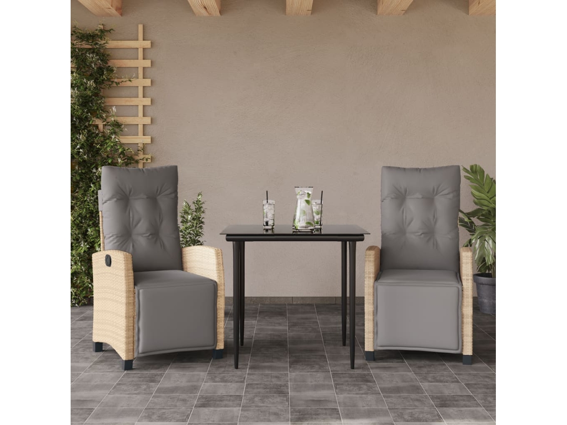 Vidaxl 3 Pcs Conj. Jantar Jardim C/ Almofadões Vime Pe Bege Misturado