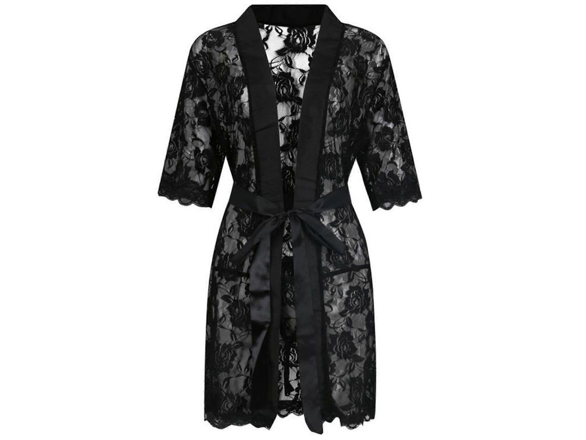 Bata Kimono de Encaje Floral, com Cinto de Seda e G String, Tamanho XXL, Branco e Preto