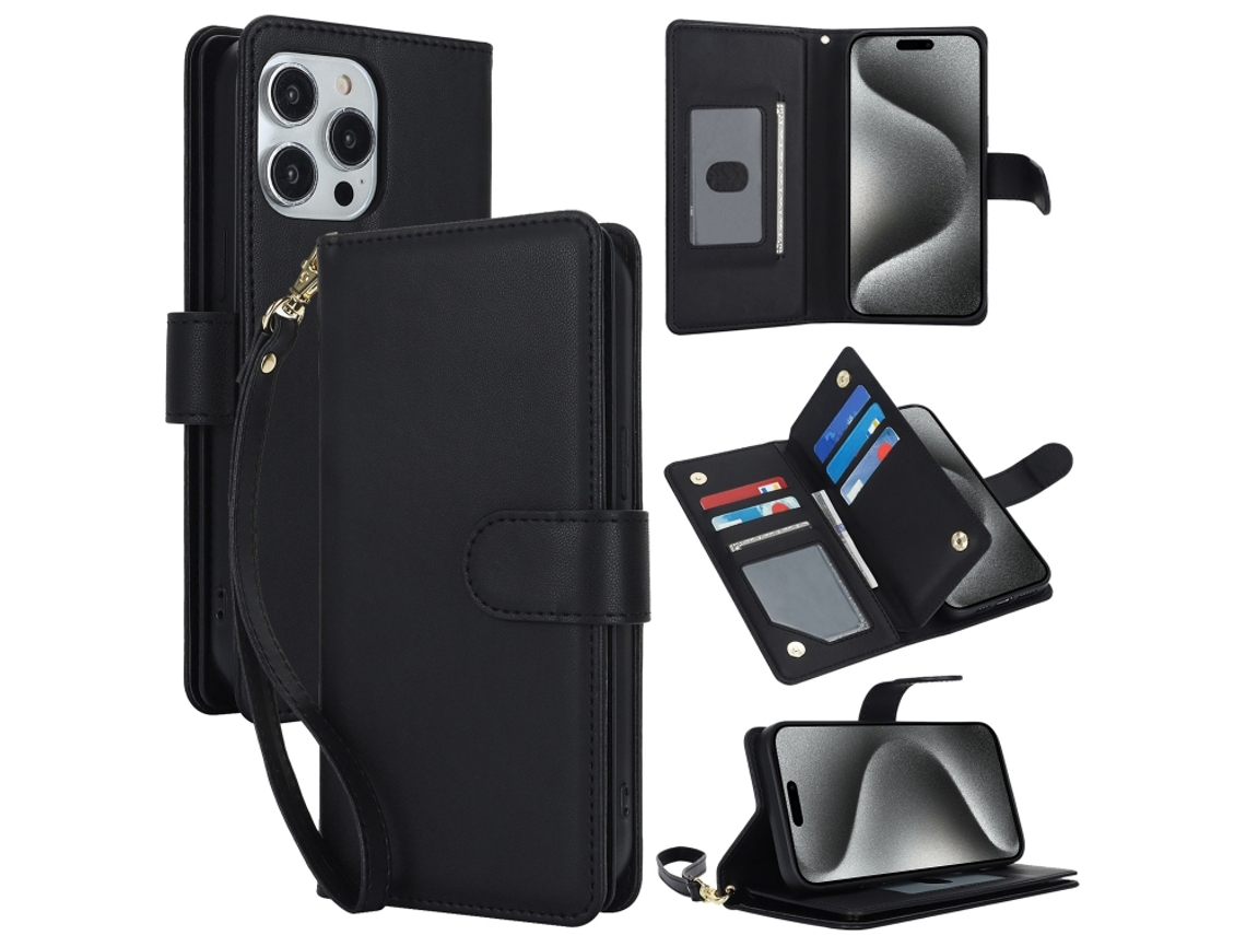 Capa Carteira De Couro Para Iphone 15 Pro Max - Com Rfid - Para Vários Cartões