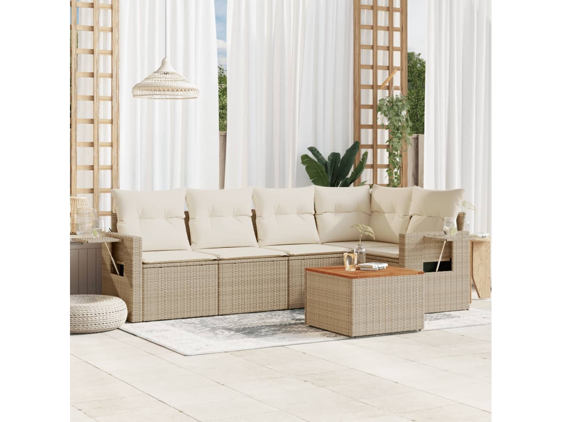 Vidaxl 6 Pcs Conjunto De Sofás P/ Jardim Com Almofadões Vime Pe Bege