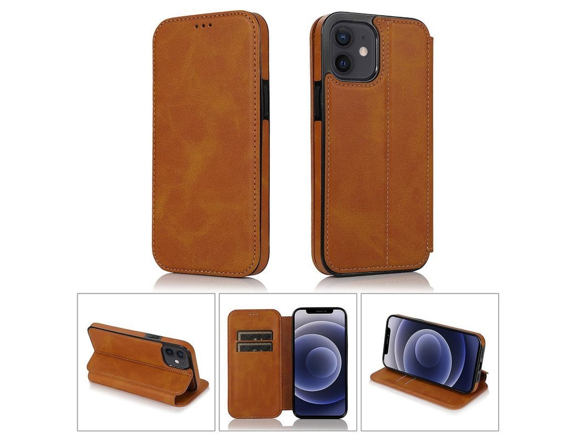 Capa carteira de couro para iPhone 12 Mini com data magnética e suporte, cor cáqui.