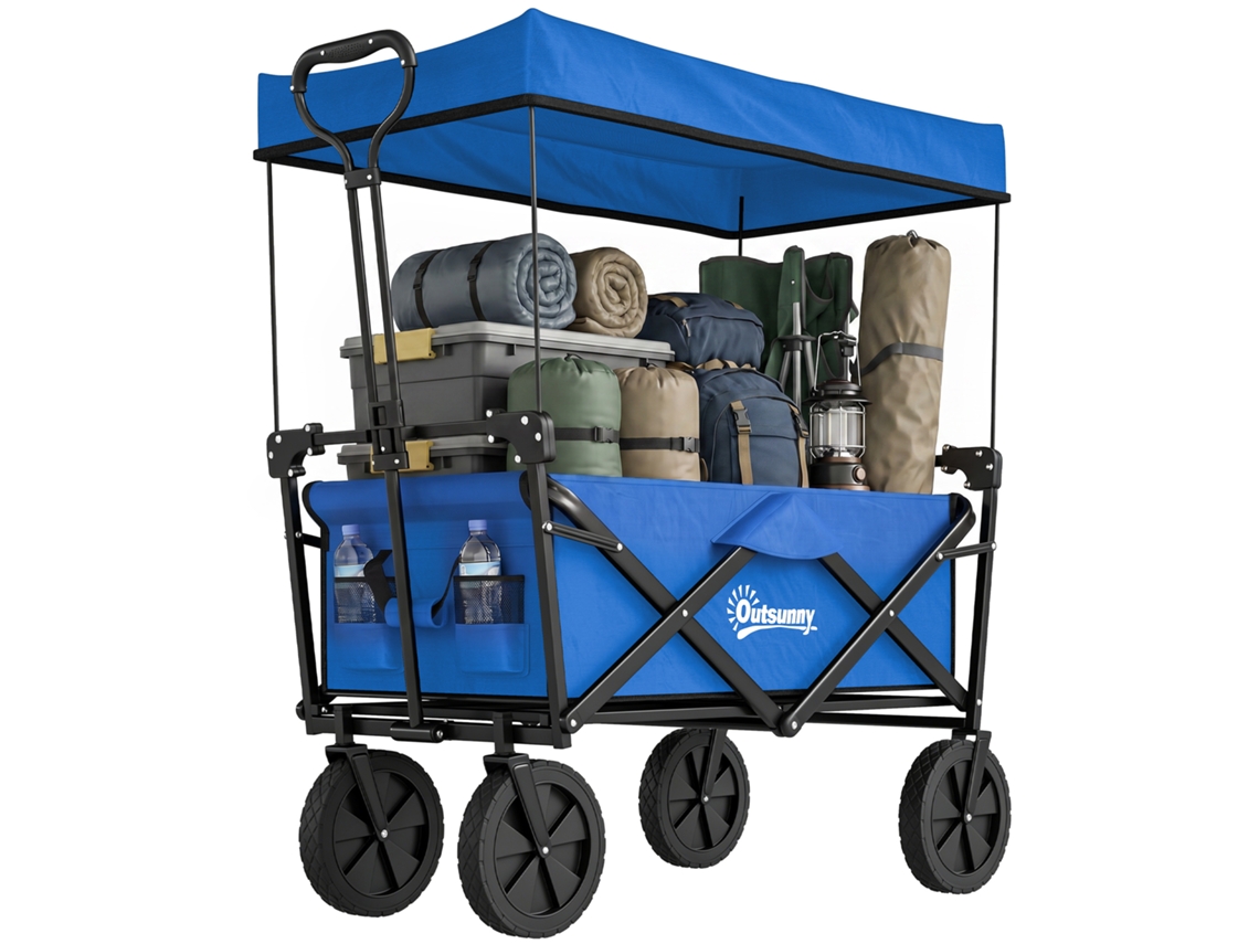 Carrinho De Transporte Dobrável Com Toldo Removível E Alça Ajustável Capacidade 100 Kg Para Campismo 97x52x105 Cm Azul
