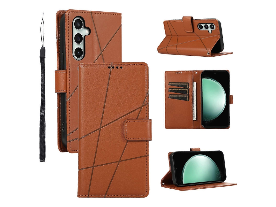 Capa De Couro Com Estampa De Linha E Alça De Pulso Para Samsung Galaxy S25 Fe - Marrom
