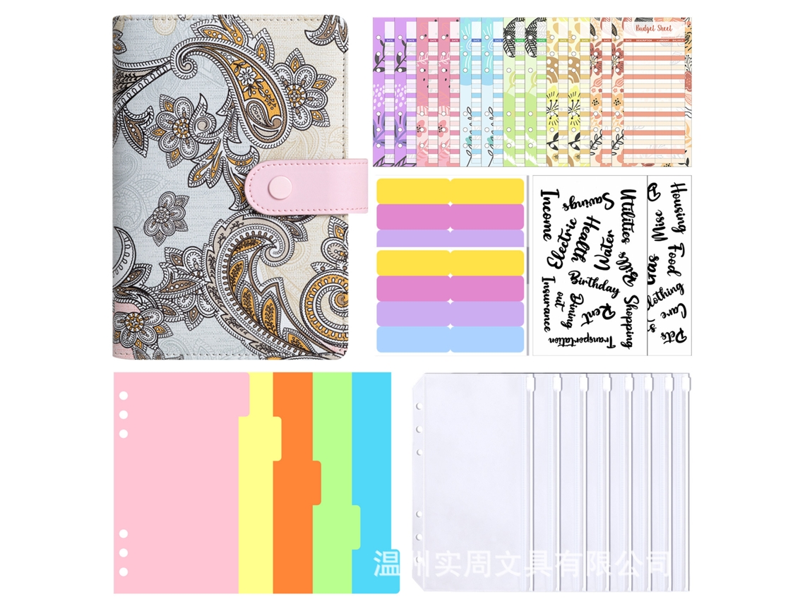 A6 Macaron Cashew Pattern Binder Budget Planner Notebook, Pink Cover With 8-zipper Pockets, A6 Cash Budget Cards 12pcs
