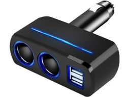 Adaptador USB Duplo para veículos com conector rápido e luz LED para tablets e celulares.
