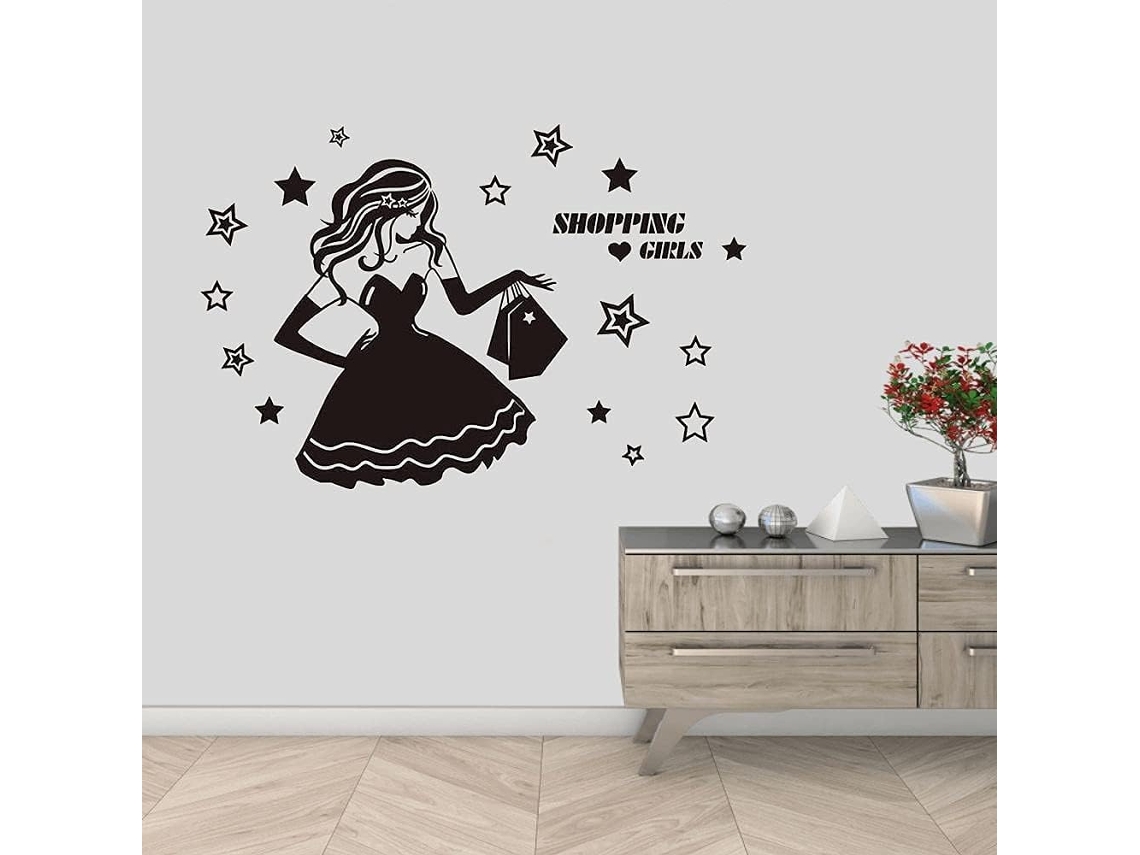 Adesivo de parede decorativo para loja de roupas Fashion Girl Shopping, com estrelas, em vinil, para decoração de casa, quarto, janela ou parede. Removível, 80x55cm.