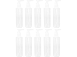Embalagem com 10 frascos de 200ml com bomba dosadora, em PET e PP, recarregáveis.