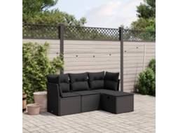Conjunto de sofá de jardim de 4 peças com almofadas Vime Pe preto Lovely Home